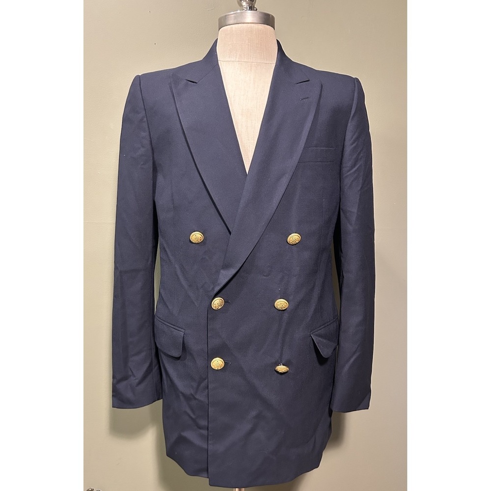 Vtg Burberry's Double Breasted Blazer Navy Blue Sport Coat Gold Buttons 42L